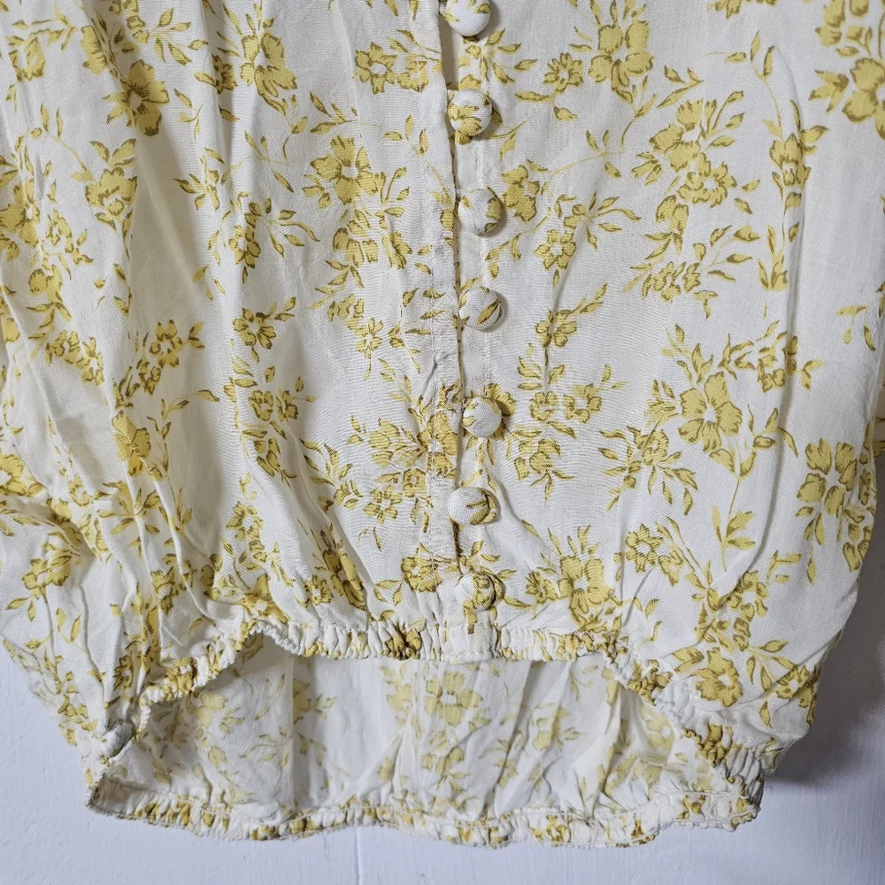 INDAH Dawn sz Small Yellow floral Print Top Button Down Rayon Long Sleeve Shirt - Picture 2 of 10